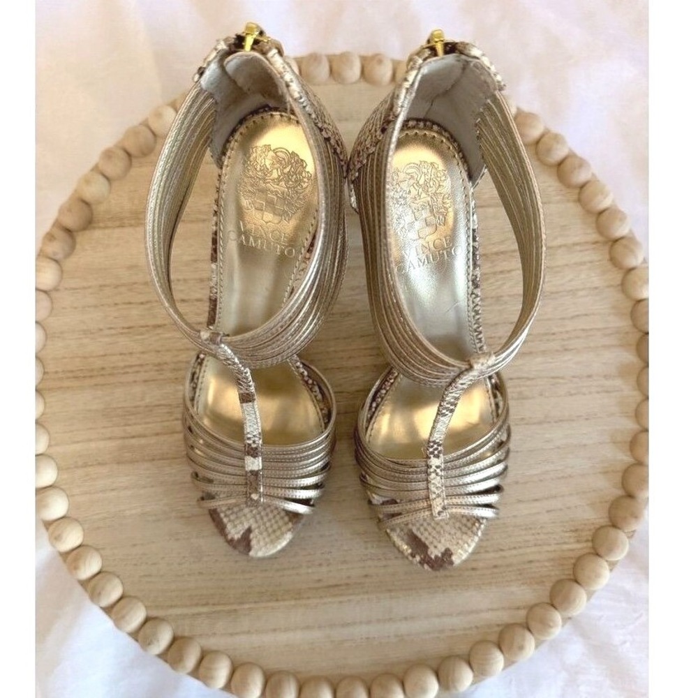 Vince Camuto Champagne Metallic Open Toe Stiletto 7B Embossed Leather 4" Heels